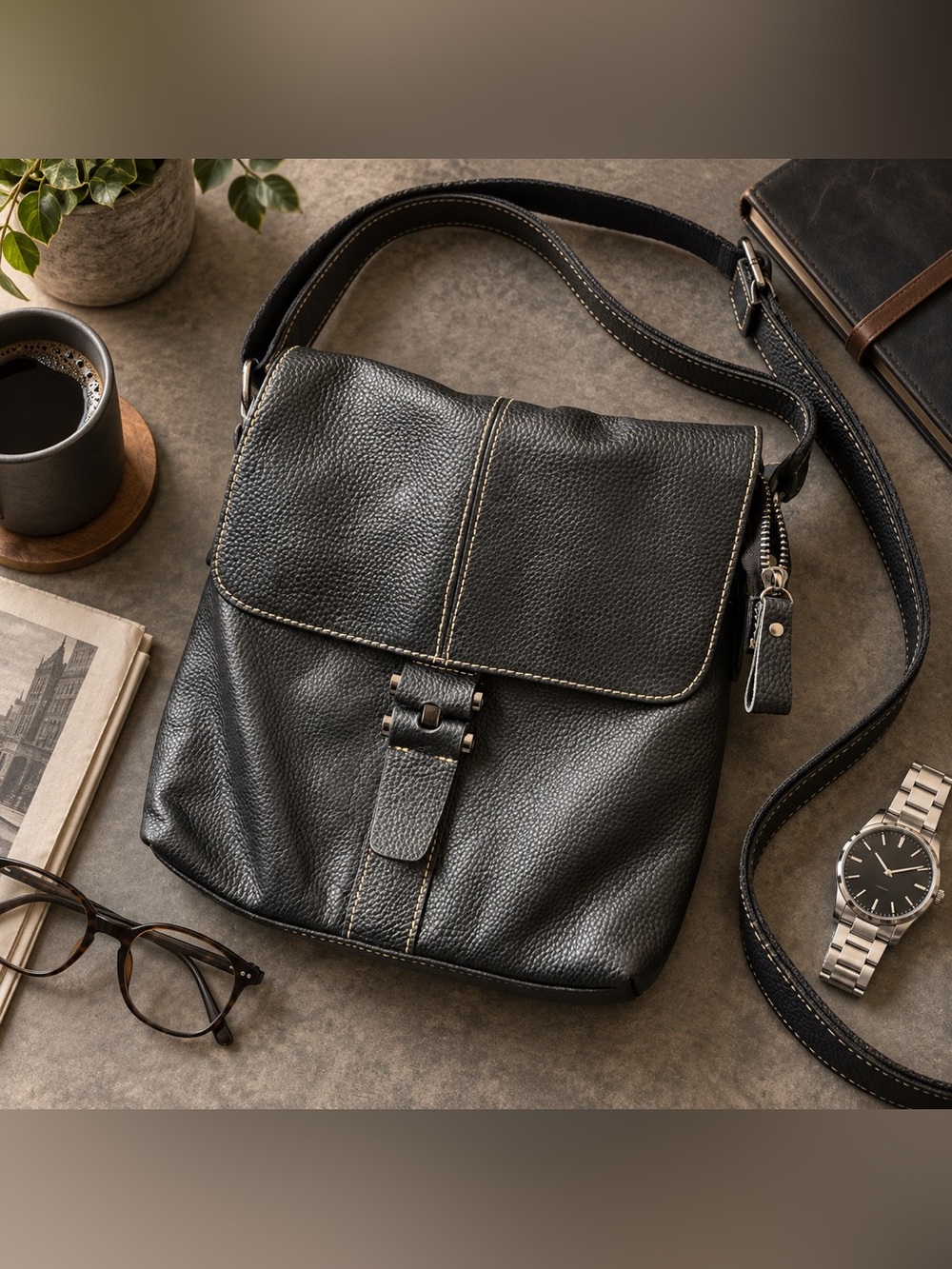 Men’s Black Genuine Leather Crossbody Messenger Bag